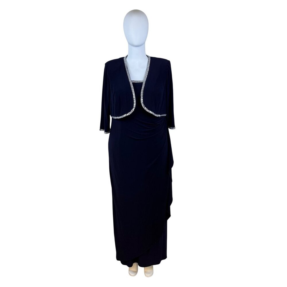 Jeanne Alexander Women's Navy Polyester Embellished Gown W/ Bolero Jacket Sz 20W